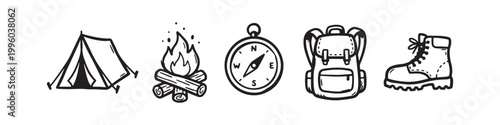 Camping and Hiking Equipment Hand Drawn Vector Icon Set