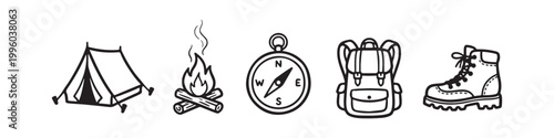 Set of Hand Drawn Camping Icons Isolated on White Background, Outdoor Adventure Elements, Tent, Campfire, Compass, Backpack and Hiking Boot