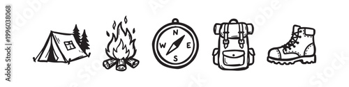 Set of Hand Drawn Camping Icons Isolated on White Background