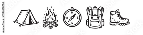Set of Hand-Drawn Camping and Hiking Icons: Tent, Campfire, Compass, Backpack, and Boot