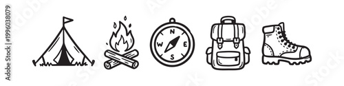 Set of Hand Drawn Camping Icons: Tent, Bonfire, Compass, Backpack and Hiking Boot for Outdoor Adventure and Travel Elements