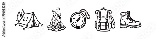 Set of Hand Drawn Camping Icons: Tent, Campfire, Compass, Backpack, and Hiking Boot. Doodle Style Adventure and Outdoor Activity Elements.