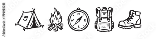 Set of Hand Drawn Camping and Hiking Equipment Icons Including Tent Campfire Compass Backpack and Hiking Boot
