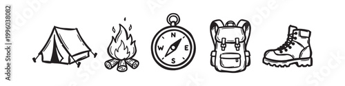 Set of camping and hiking icons in hand-drawn doodle style, including tent, campfire, compass, backpack, and hiking boot, isolated on white background.