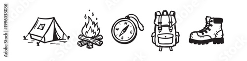 Set of Hand Drawn Camping and Hiking Equipment Icons: Tent, Campfire, Compass, Backpack, and Hiking Boot