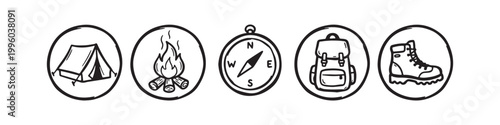 Set of Hand Drawn Camping and Hiking Icons including Tent, Campfire, Compass, Backpack, and Hiking Boot