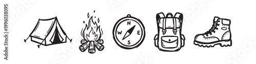 Set of Hand Drawn Camping and Hiking Icons Including Tent, Campfire, Compass, Backpack, and Hiking Boots