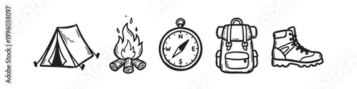 Set of camping and hiking equipment icons featuring a tent, campfire, compass, backpack and hiking boot, hand-drawn vector illustration for travel and outdoor adventure design