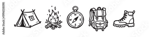 Set of Hand-Drawn Camping and Hiking Gear Icons Including Tent, Campfire, Compass, Backpack, and Boot