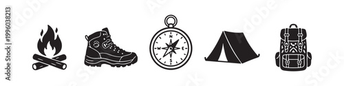 Set of black camping icons featuring a campfire, hiking boot, compass, tent, and rucksack. Minimalist outdoor adventure equipment symbols isolated on white for design and travel projects.