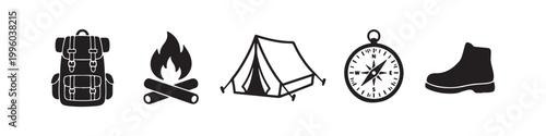 Set of minimalist black icons representing camping and outdoor adventure gear, including a backpack, campfire, tent, compass, and hiking boot, on a white background.