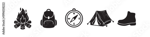 A professional set of black hand-drawn camping and hiking icons featuring a campfire, backpack, compass, tent, and boot, perfect for outdoor adventure and travel-related designs.
