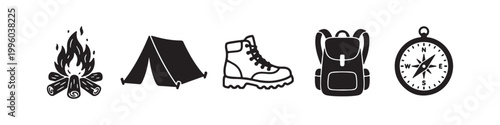 A set of five black camping and hiking icons including a campfire, tent, hiking boot, backpack, and compass, isolated on a white background.