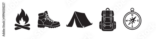 A professional set of five black silhouette icons for camping and hiking, featuring a campfire, a hiking boot, an A-frame tent, a rucksack, and a compass, isolated on a white background.