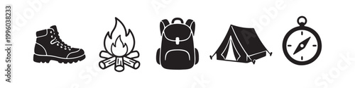 Professional set of five black vector icons for outdoor activities: hiking boot, campfire, backpack, tent, and compass. Perfect for travel and camping themed designs.