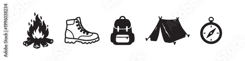 A collection of five black and white hand-drawn camping icons including a campfire, a hiking boot, a backpack, a tent, and a compass, ideal for outdoor adventure and travel themes.
