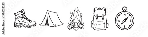 Set of hand-drawn camping and hiking icons including a hiking boot, tent, campfire, backpack, and compass. Black and white sketch style for outdoor adventure and travel themes.