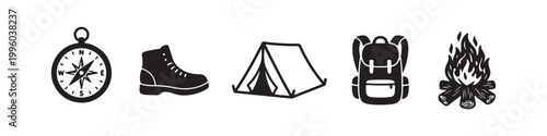 A set of five hand-drawn camping icons: a compass, hiking boot, tent, backpack, and campfire. Minimalist black and white design perfect for outdoor adventure and travel themes.