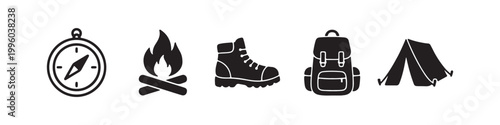 Set of black camping and hiking icons including a compass, campfire, hiking boot, backpack, and tent. Minimalist silhouette outdoor adventure symbols isolated on white.
