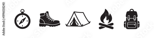 A collection of five black silhouette icons for outdoor adventure and camping, featuring a compass, hiking boot, tent, campfire, and backpack on a white background.