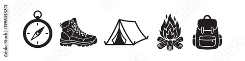 A set of five black silhouette icons representing camping and outdoor adventure: a compass, a hiking boot, a tent, a campfire, and a backpack, all isolated on a white background.