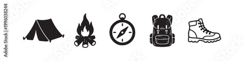 Collection of black and white camping icons including a tent, campfire, compass, backpack, and hiking boot. Ideal for outdoor adventure, tourism, and travel-related graphic design projects.