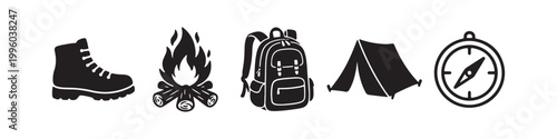 A set of black silhouette icons representing outdoor adventure and camping equipment, including a hiking boot, campfire, backpack, tent, and compass on a white background.