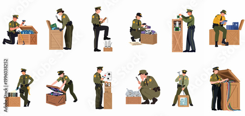 Set of customs officers in uniforms inspecting wooden crates with electronic components, hardware, and equipment, flat vector illustrations isolated on white background.