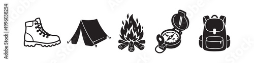 Set of black and white minimalist camping icons including a hiking boot, tent, campfire, compass, and backpack, perfect for outdoor adventure designs and travel graphics isolated on white.