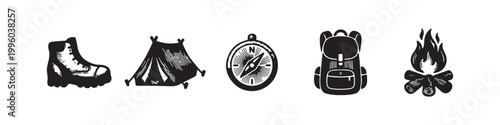 A set of five hand-drawn vintage camping and hiking icons including a boot, tent, compass, backpack, and bonfire. Perfect for outdoor adventure, travel, and wilderness themes.