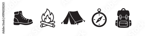 Set of five black camping and hiking icons including a boot, campfire, tent, compass, and backpack, isolated on a white background. Ideal for outdoor adventure and travel design.