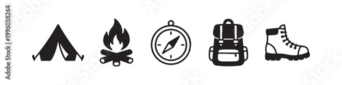Set of minimalist black icons representing outdoor activities and camping gear, including a tent, bonfire, compass, rucksack, and hiking boot for travel and adventure concepts.