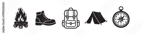 A set of minimalist black and white icons for camping and outdoor adventure, featuring a campfire, hiking boot, backpack, tent, and compass on a white background.