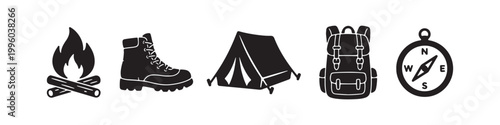 A collection of black silhouette icons for camping and outdoor activities, including a campfire, hiking boot, tent, backpack, and compass, isolated on a white background.