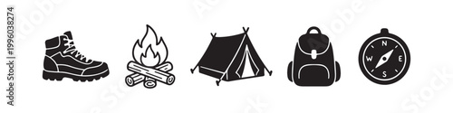 Set of black flat icons representing outdoor camping and hiking activities, including a hiking boot, campfire, tent, backpack, and compass isolated on a white background.