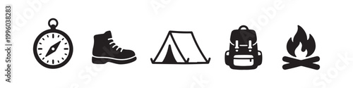 A set of black minimalist outdoor adventure icons featuring a compass, hiking boot, tent, backpack, and campfire. Ideal for travel, camping, and hiking design projects.