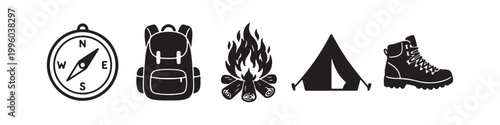 Collection of minimalist black icons representing essential camping and hiking gear, including a compass, backpack, campfire, tent, and hiking boot, ideal for travel and outdoor adventure designs.