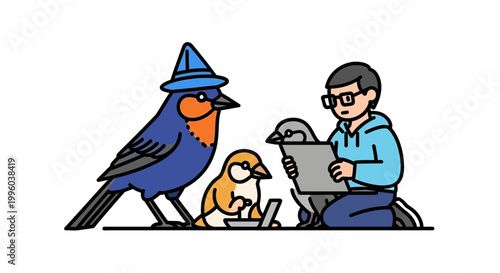 Young man studies birds with sketchpad and observing wildlife.