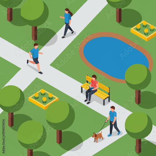 People enjoying a sunny day in a vibrant city park with trees and a pond.