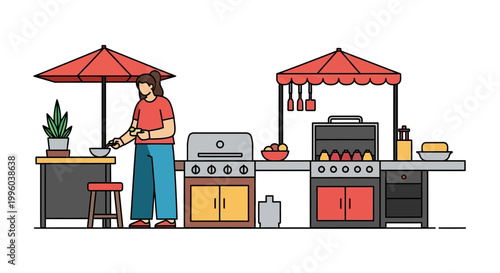 Woman grilling food at outdoor barbecue station, cooking meal.