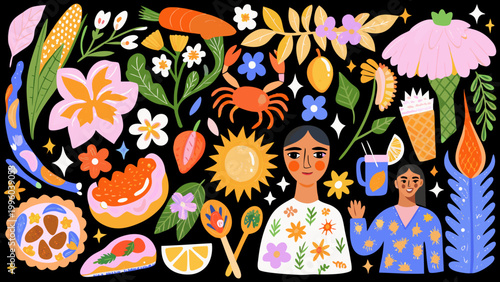 A whimsical illustration depicts a woman surrounded by colorful fruits flowers and marine life