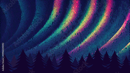 A vibrant stylized aurora borealis illuminates a dark landscape with silhouetted trees