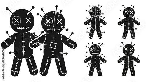 Voodoo Dolls Collection, Black Silhouette, Pins and Stitches, Spooky Art