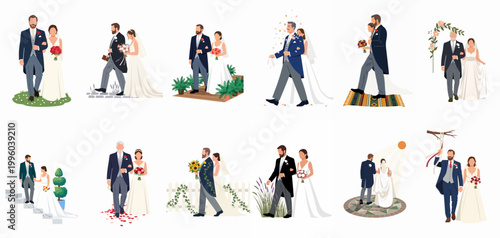 Collection of diverse wedding couple illustrations showing various moments of a marriage ceremony, including walking, standing, and celebrating together.