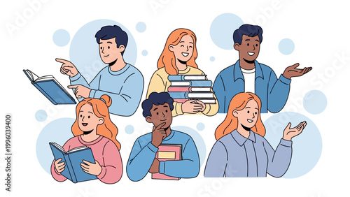 фотографія Knowledge Seekers: A diverse group of students immersed in the world of books, some reading intently, others discussing ideas, united by a thirst for knowledge