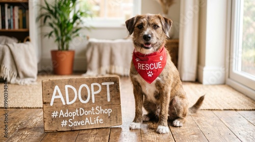 Cute rescue dog wearing a red bandana sits next to an adopt sign