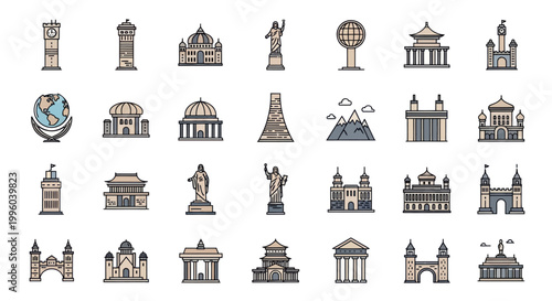 Famous Landmark Icons Collection: Global Travel and Architecture Symbols