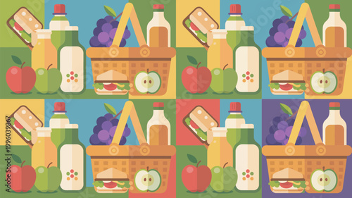 A colorful illustration of various food items and drinks arranged in a repeating pattern of squares