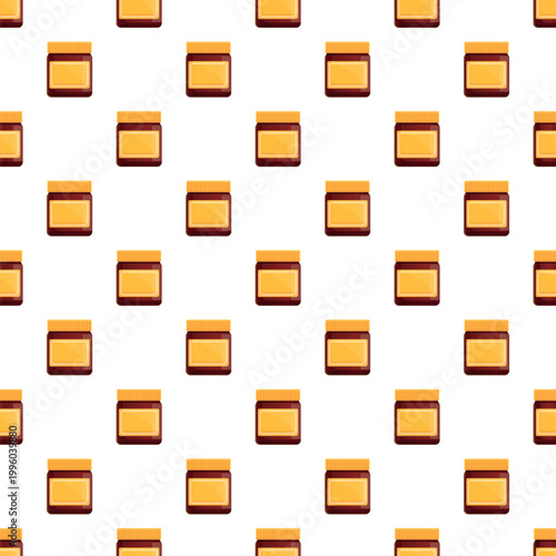 Honey jars with yellow caps repeating as a seamless pattern on white background