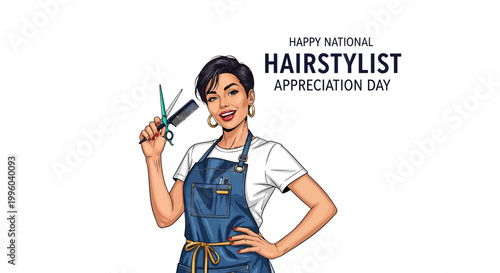 A cheerful salon worker illustration celebrates Hairstylist Appreciation Day, featuring a smiling professional hairdresser holding scissors and a comb against a clean white background